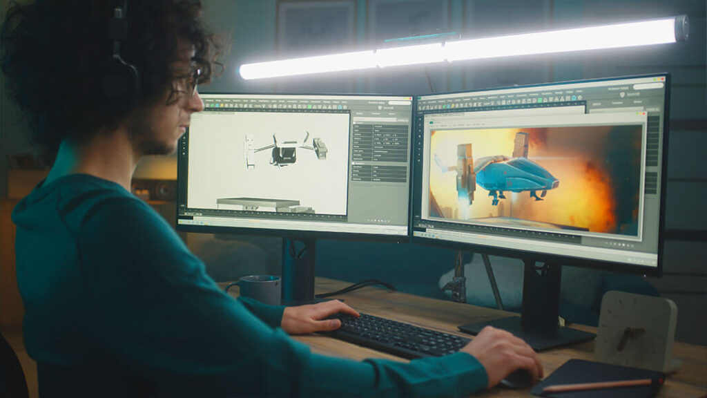 A young 3D modeler designing and animating a VTOL aircraft.