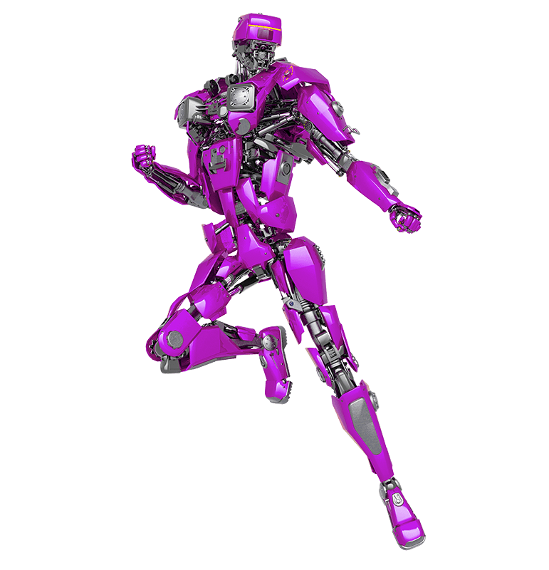 A violet robot leaps into the air like a superhero, fists readied.