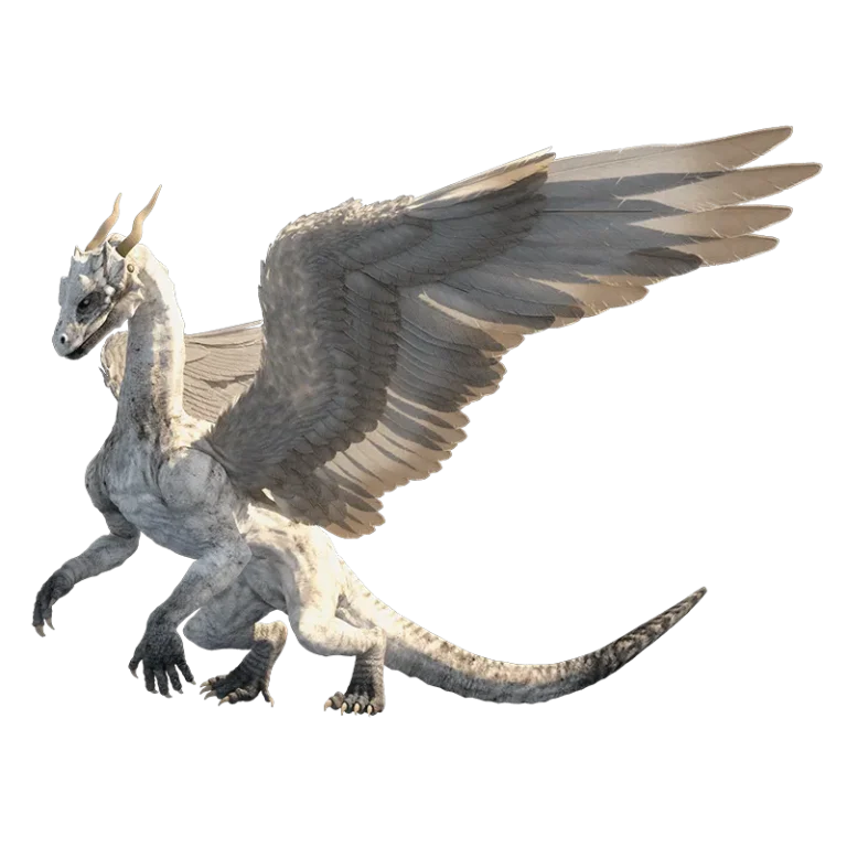 A white dragon with feathered wings spread, ready to take to the skies.
