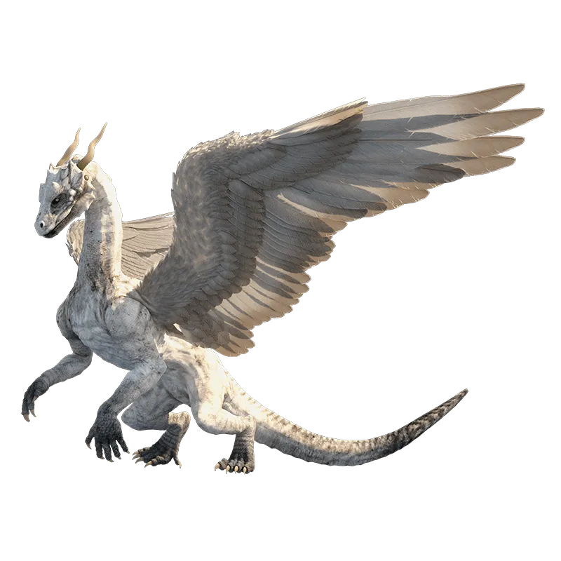 A white dragon with feathered wings spread, ready to take to the skies.